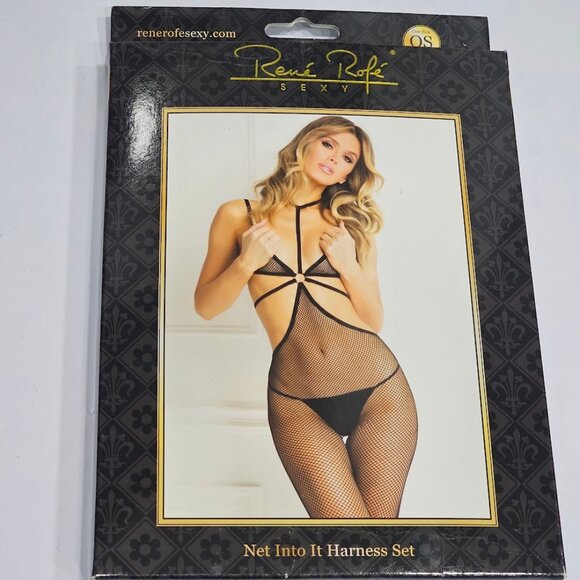 Rene Rofe Net Into It Harness Set Black Lingerie Bodystockings - Picture 2 of 7